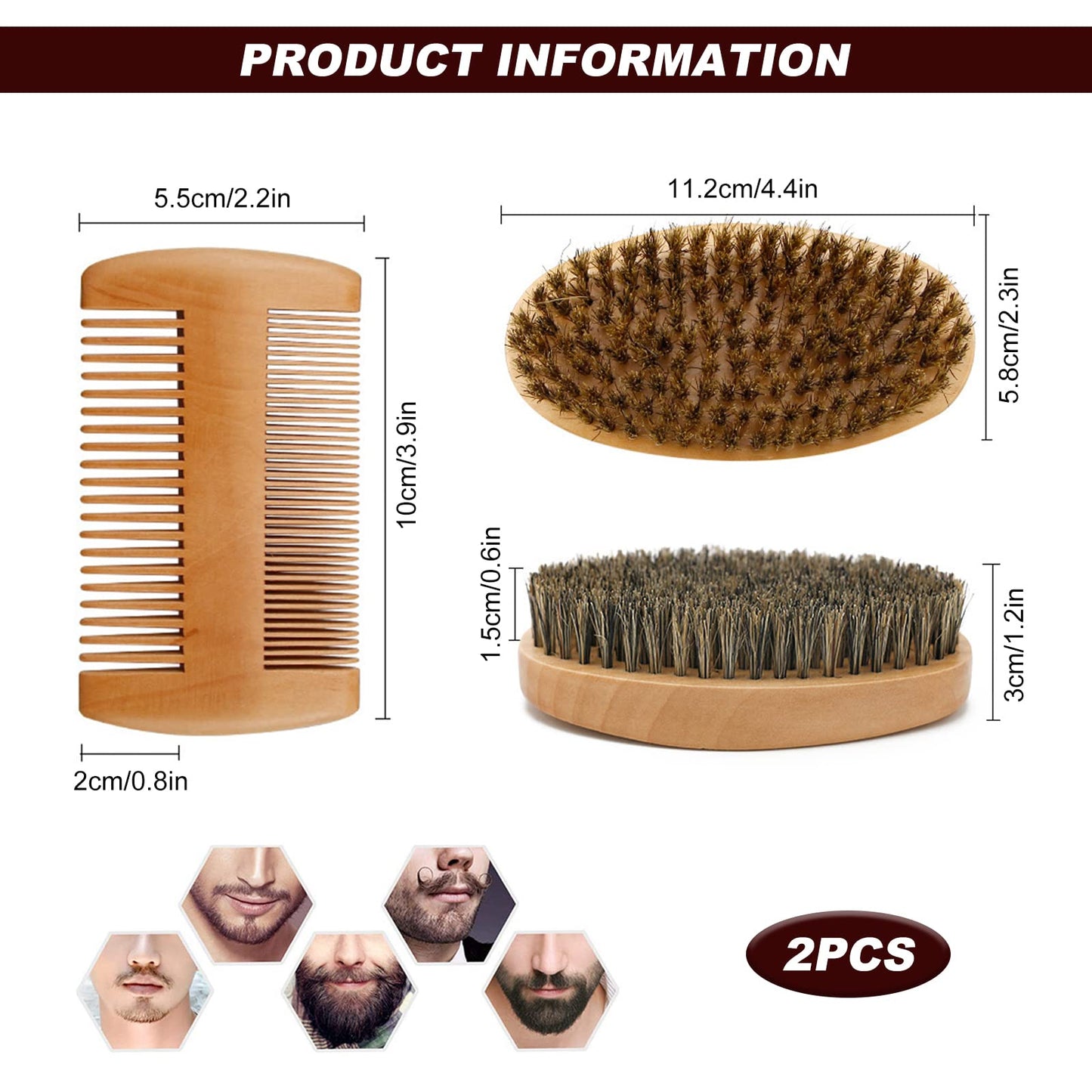 Beard Brush Comb Set for Men, Wooden Boar Bristle Hair Moustache Comb Beard Brush Set for Combing Beard Hair, Removing Debris, Massages Face