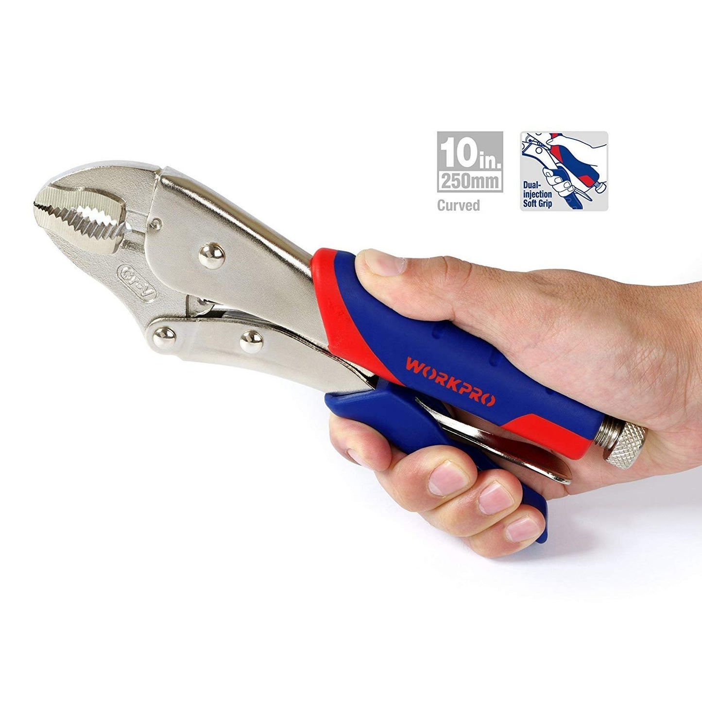 - WORKPRO Locking Pliers Set, CR-V Steel Mole Grips, Quick-Release & Self-Locking with Soft Grip, 10-Inch & 7-Inch Curved Jaw, 6-1/2 Inch Straight Jaw, 3-Piece