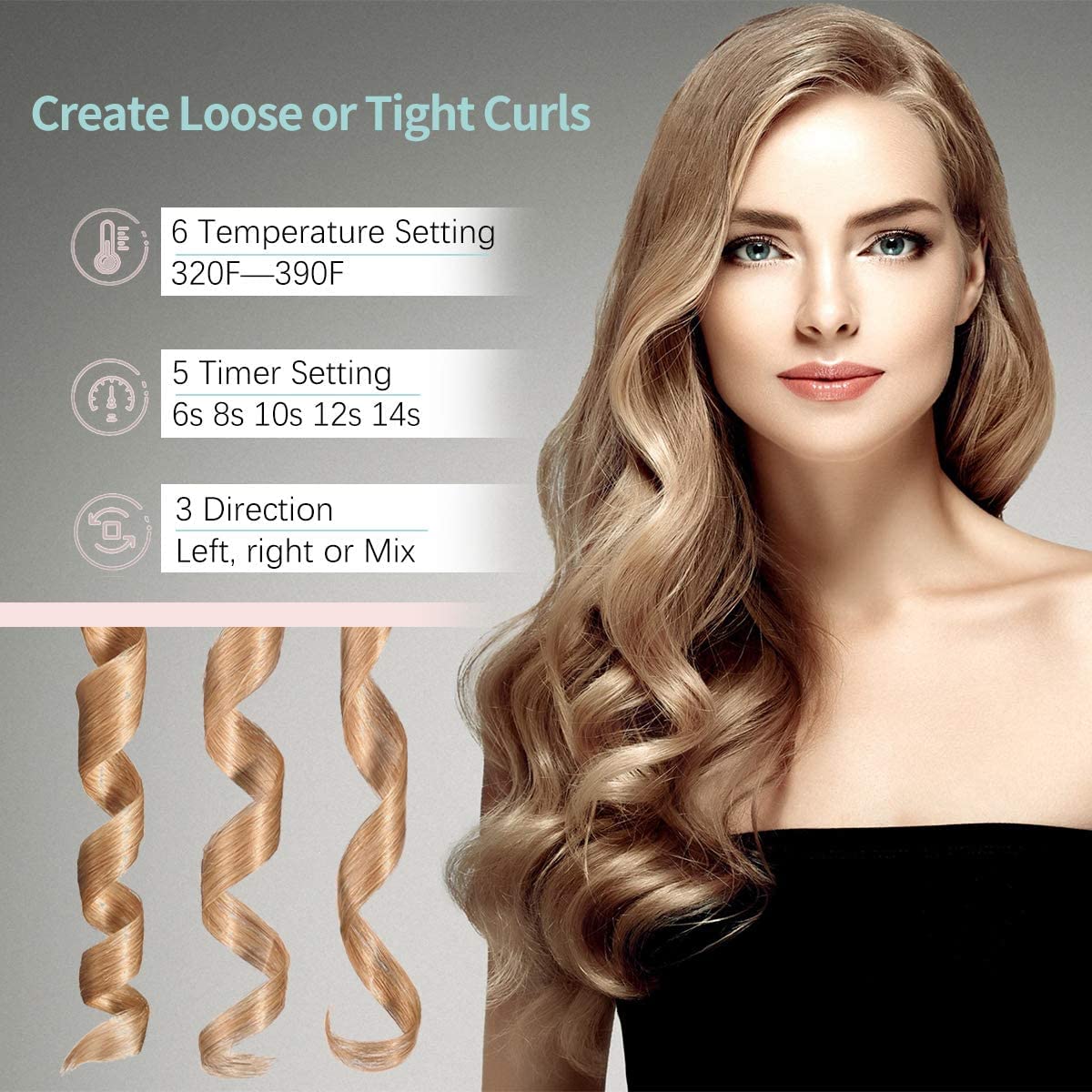 - YAPOY Cordless Automatic Hair Curler Rechargeable Auto Curlers with 5 Temps & Timers, Heat Insulation Chamber, LCD Screen, Auto Shut-Off, Suitable for Short & Long Hair Styling - Grey