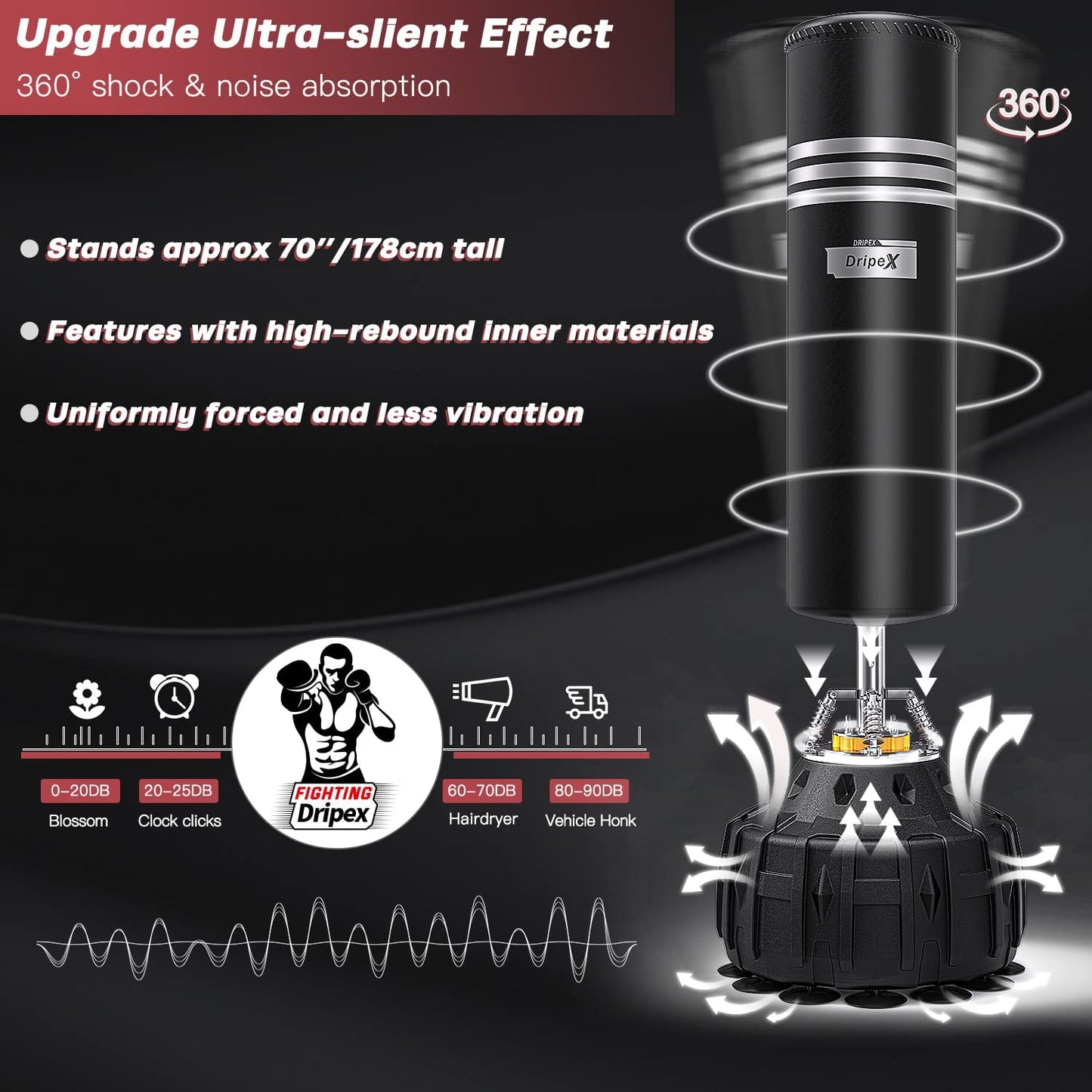 - Dripex 70 Inch Upgrade Free Standing Punch Bag | Boxing Bag with ABS Base | 19 Suction Cups -