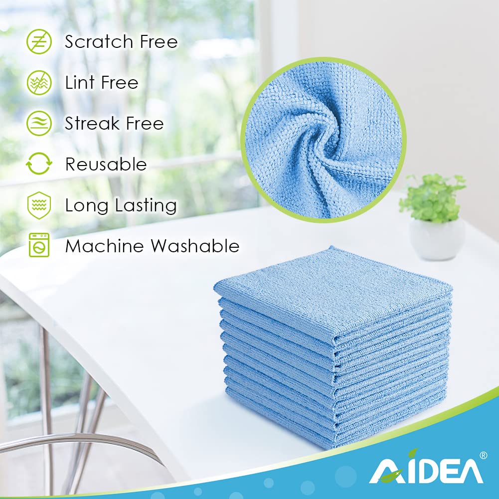 AIDEA Microfibre Cloth 10 Pack,Lint Free Reusable Cleaning Cloths,Highly Absorbent Streak Free Washable Cleaning Towels Rags Dish Cloth for House,Kitchen,Car,Motorbike,Windows 30 X 30 CM,Blue