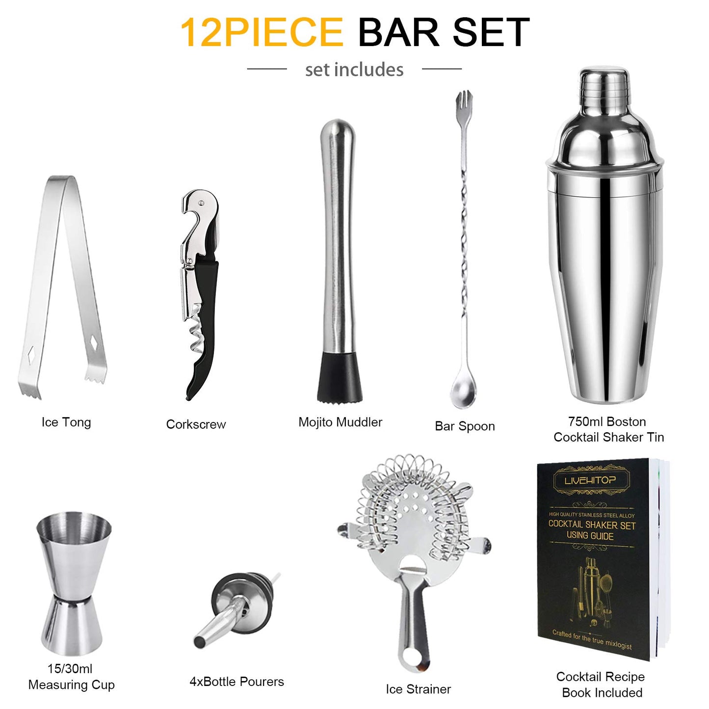 - LIVEHITOP Cocktail Shaker Set | 12 Pieces Cocktail Making Set With 750 ML Cocktail Shaker -