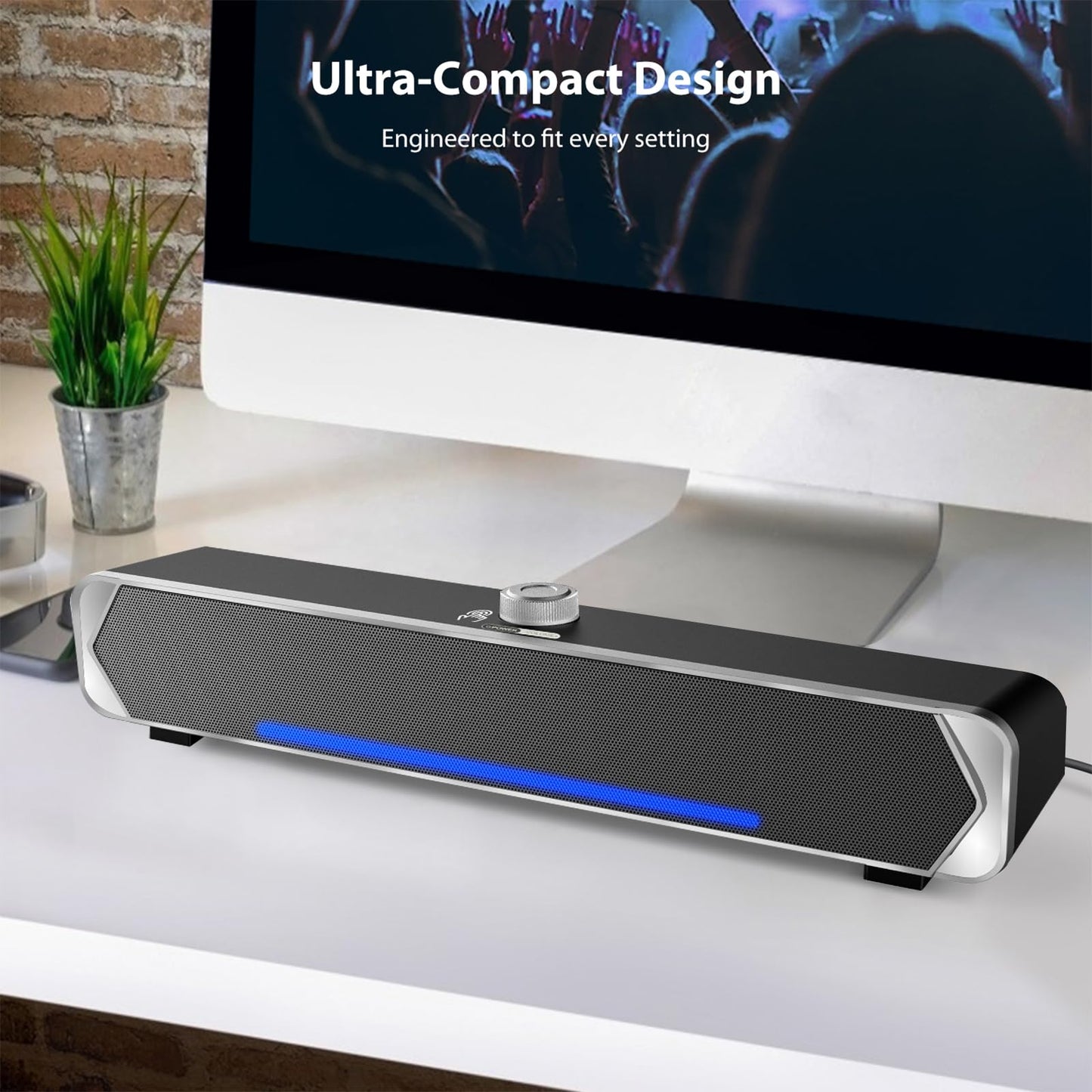 Computer PC Speakers, Bluetooth 5.3 Computer Soundbar for Desktop Monitor Speakers, Wired USB Powered PC Sound bar with LED, Superb Stereo Sound for Desktops, Laptops, Tablets, Smartphones-Silver