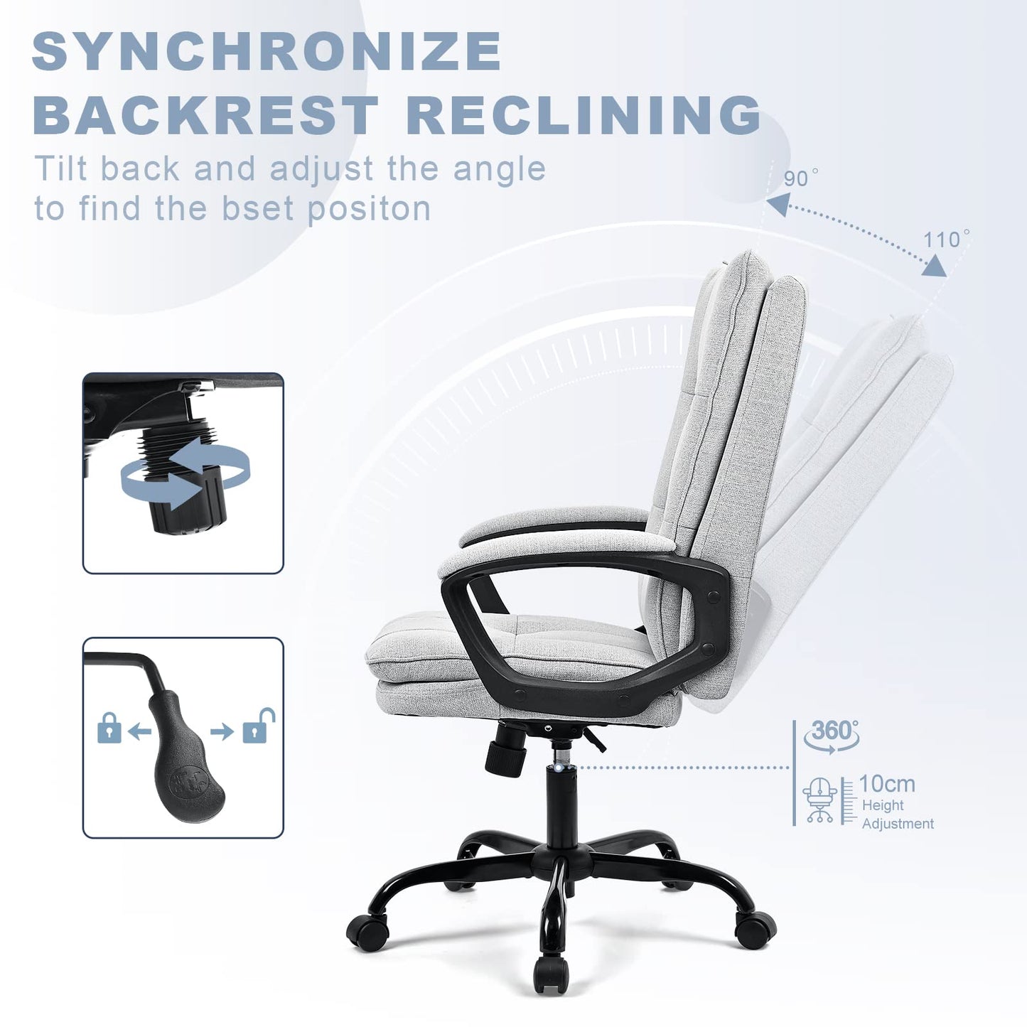 BASETBL Office Chair for Home, Recline Extra Padded Comfy Desk Chair, Ergonomic Executive Computer Chair Skin-friendly Breathable Fabric Stylish Swivel Chair Gaming Work Chair Widen and Enlarge (Gray)