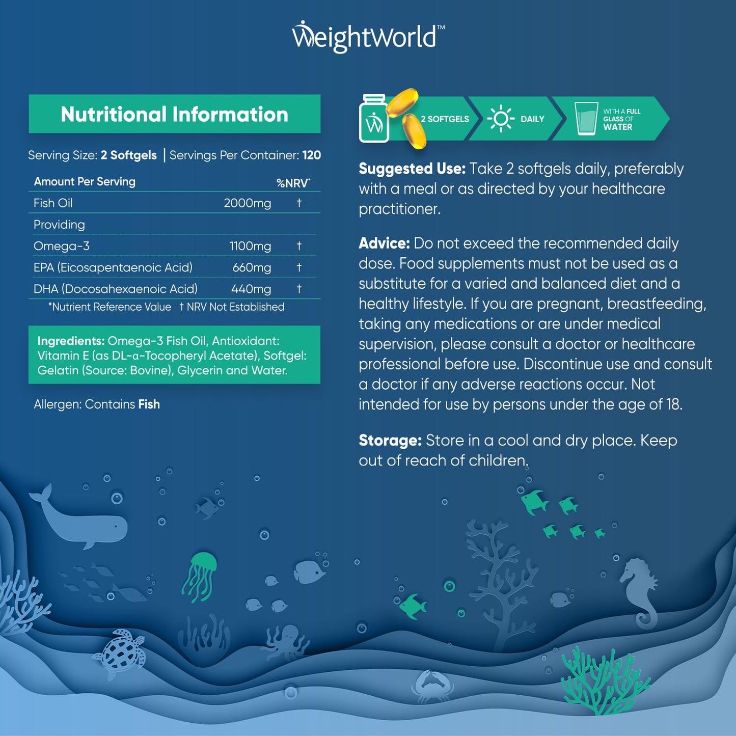 - Omega 3 Fish Oil 2000mg | 240 Soft gels | 660mg EPA & 440mg DHA | Cod Liver Oil Capsules Alternative -