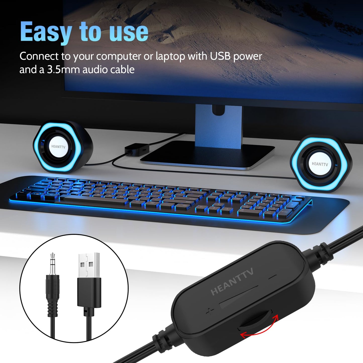 - HEANTTV Computer Speaker | PC Speakers for Desktop Monitors | 2.0 Stereo Volume Control with LED Light | USB Powered & 3.5 mm jack -