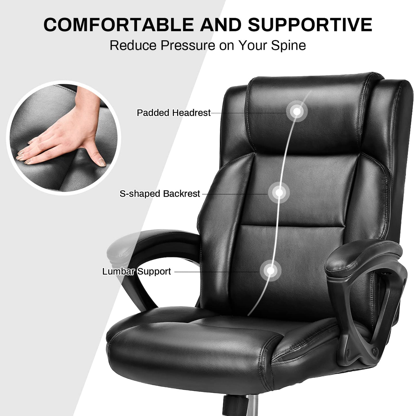 BASETBL Executive Office Chair, High Back Ergonomic Chairs with Padded Cushion, Heavy Duty PU Leather Chairs with Height Adjustable and Soft Armrest Reinforced Comfortable Desk Chair-Black New