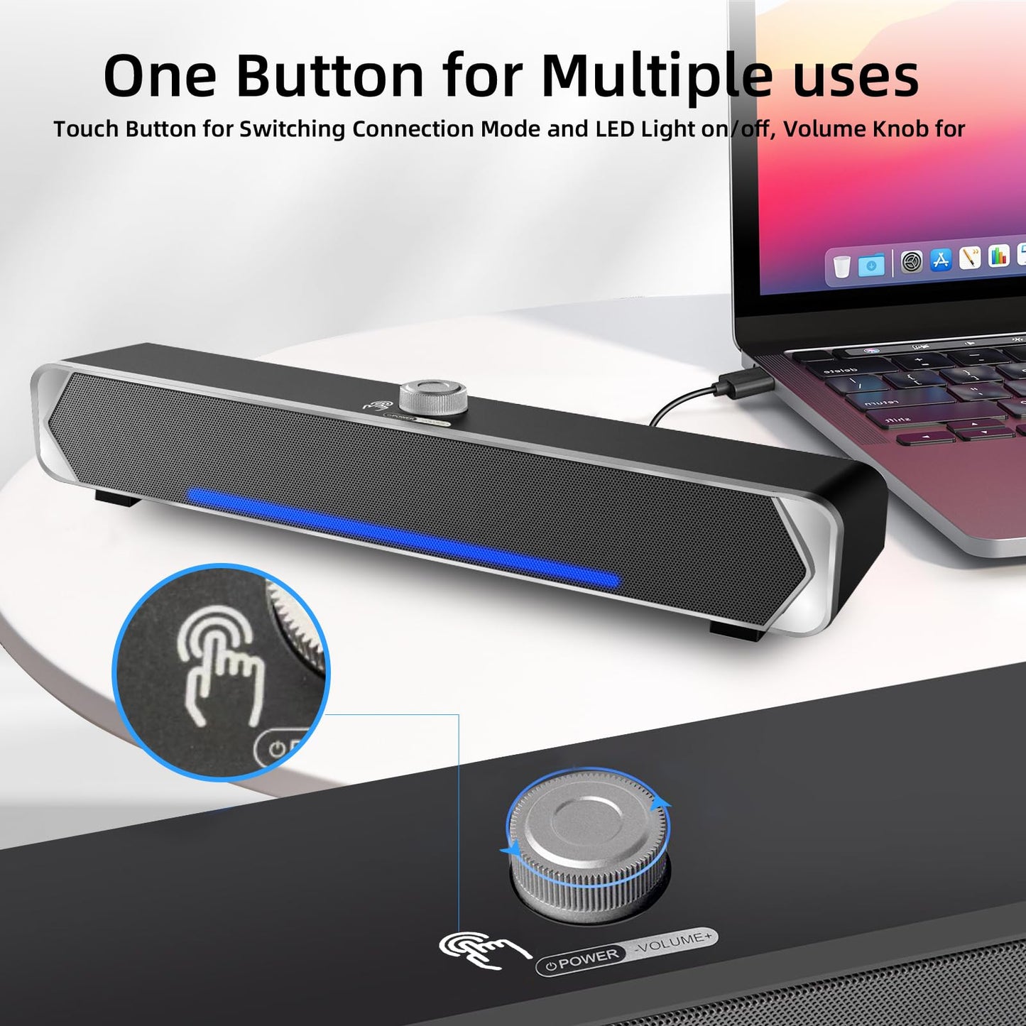 Computer PC Speakers, Bluetooth 5.3 Computer Soundbar for Desktop Monitor Speakers, Wired USB Powered PC Sound bar with LED, Superb Stereo Sound for Desktops, Laptops, Tablets, Smartphones-Silver