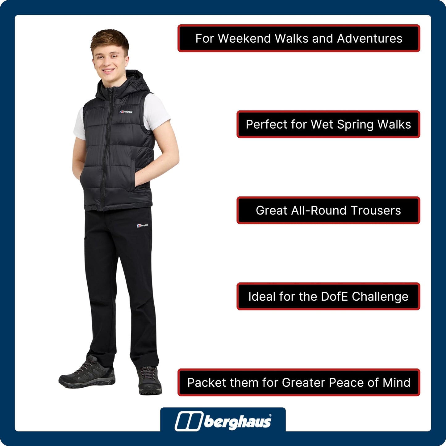 Berghaus Kids' Water Repellent Walking Trousers, Kids' Hiking Trousers, Outdoors Clothing, Black, Age 11-12