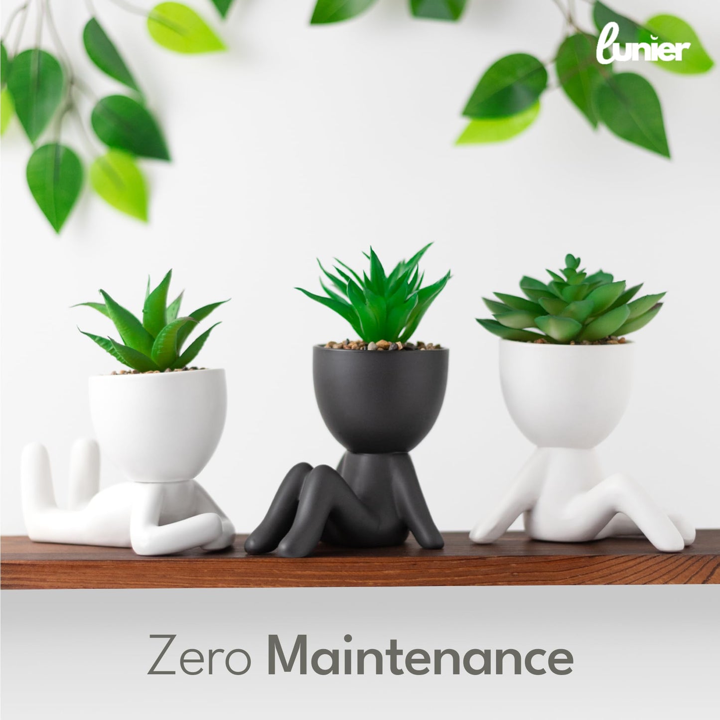 - LUNIER Seated Succulent Set (Set of 3) | Ceramic Human-Shaped Plant Pots With Artificial Succulent Plants –