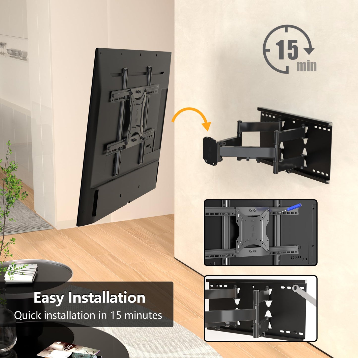 BONTEC TV Wall Bracket for 37-80 inch LED LCD Flat & Curved Screen, Swivel Tilt TV Wall Mount Full Motion, Heavy Duty Strong Solid Dual Arms up to 65KG, Max VESA 600x400mm, with HDMI Cable