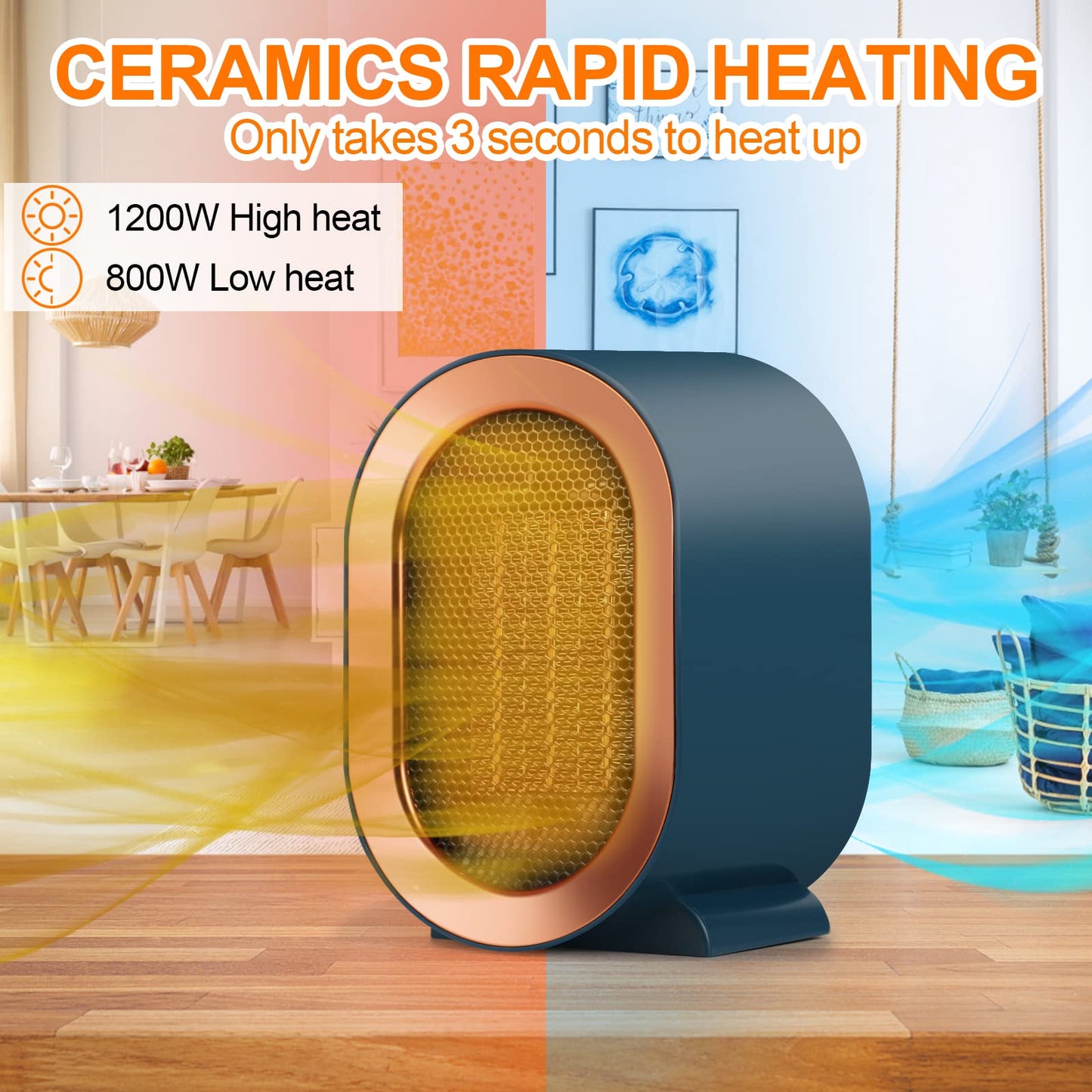 1200W Ceramic Plug in Fan Heater, Portable Electric Heaters with 2 Heat Modes, Overheating & Tip-Over Protection, Energy Saving, Small Smart Space Heaters for Bathroom, Bedroom, Living Room (Blue)