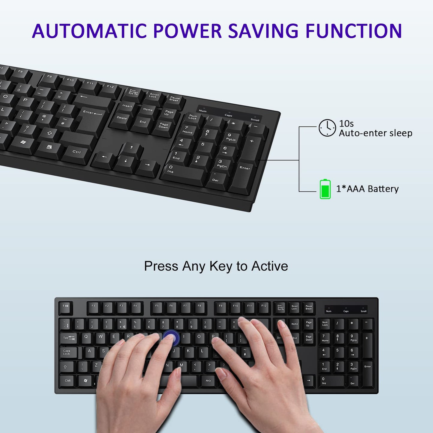 cimetech 2.4G Wireless Keyboard, QWERTY UK Full-Size Layout, USB Computer Keyboard with Numeric Keypad & Ergonomic Keys for Desktop/PC/Laptop/Surface/Smart TV/Notebook and Windows - Black