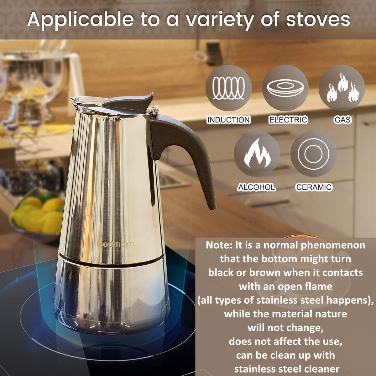 - Godmorn Stovetop Espresso Maker| Italian Coffee Maker Moka Pot | 300ml/6 Cup (Espresso Cup=50ml) -