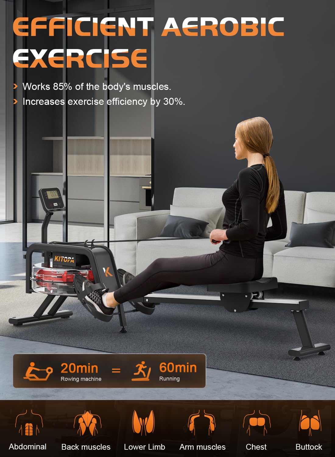 - Kitopa Rowing Machine | Rowing Machine for Home Gym | LCD Monitor and Aluminum Rail -