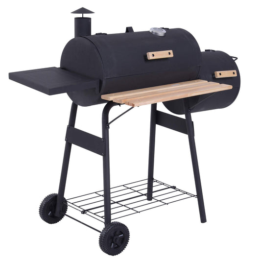 - Outsunny Charcoal Barbecue Grill | Offset Smoker | Barrel BBQ Trolley | 3 Storage Shelves -