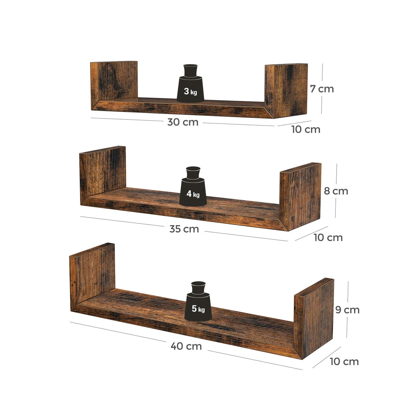 - VASAGLE Wall Shelves, Set of 3, Wall-Mounted Floating Shelves for Decorations, U-Shaped -