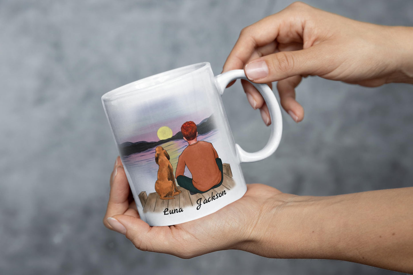 4GIFTSAKE Customised Boy Dog Coffee Mug - Ceramic Cup with Personalised Design for Dog Dad - Custom Names, Attire and Scenery - Unique Gift for Pet Lovers