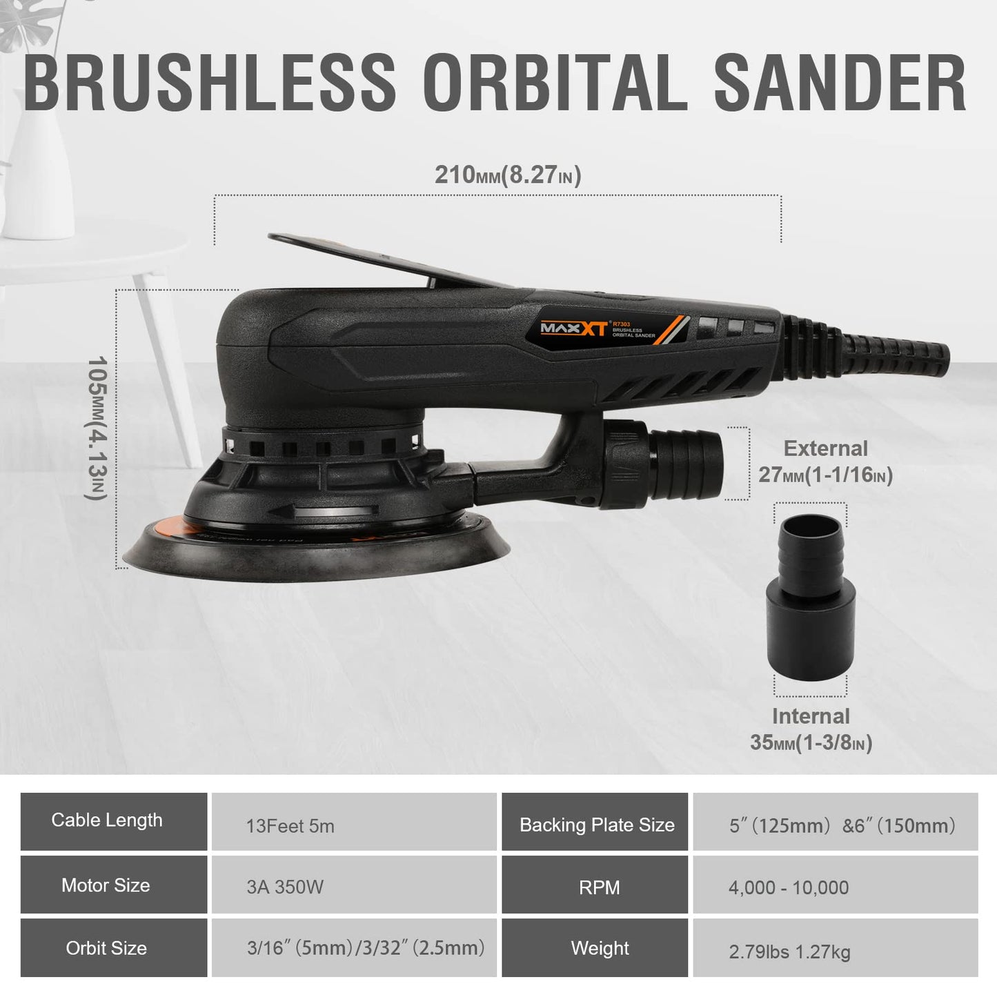 - MAXXT Brushless 5.0mm Random Orbital Sander | 230V Multi-Function | Variable Speed | Electric Orbital Sander -