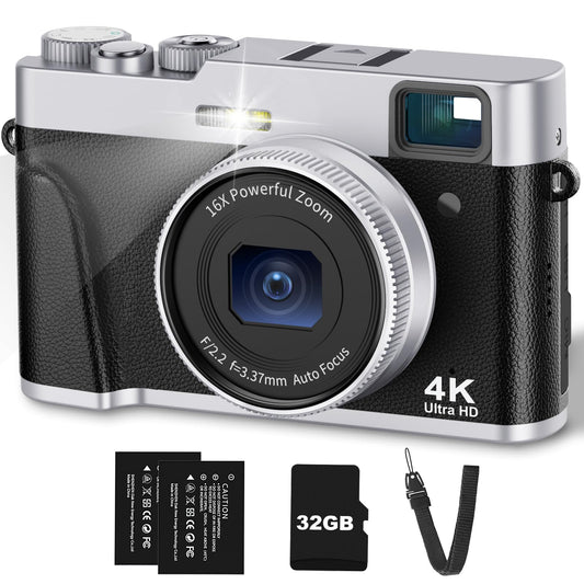 4K Digital Camera with Viewfinder & Flash, Autofocus 48MP Cameras for Photography Vlogging Camera for Adults Teens Compact Travel Camera with Classic Dial, Time Lapse, Selfie, 16X Zoom, 32GB SD Card
