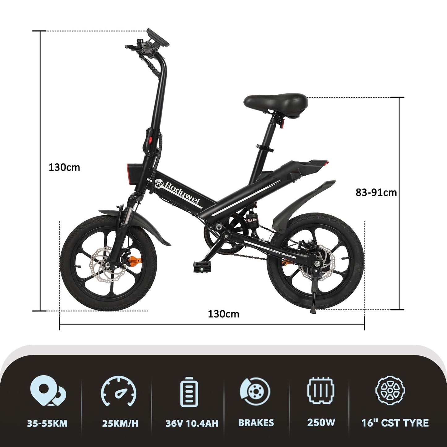 Bodywel T16 Folding Electric Bike, 16" Portable E-bike with 36V/10.4Ah Battery, 250W Motor, Dual Disc Brakes, LED Display, Front Suspension, City Commuter Electric Bicycle for Adults