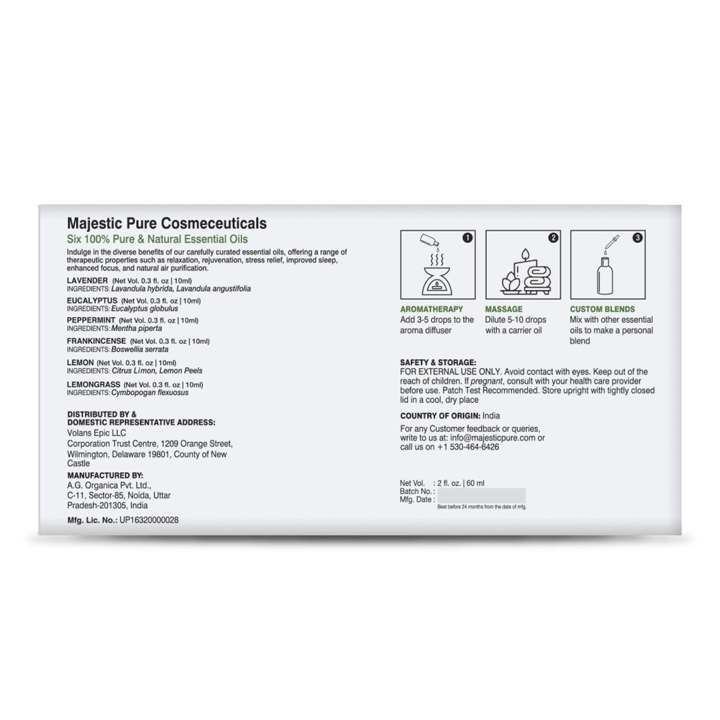 - Majestic Pure 100% Pure Essential Oils Set - 6 x 10ml (Peppermint, Lavender, Eucalyptus, Frankincense, Lemongrass, Lemon) for Diffusers, Aromatherapy, Candles, Humidifiers -