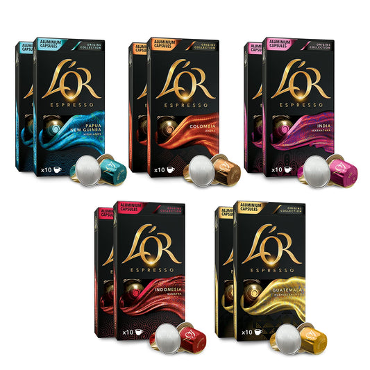 - L’OR Origins Espresso Coffee Variety Bundle – Nespresso®* Alluminium Capsules | 10 Packs of 10 pods -