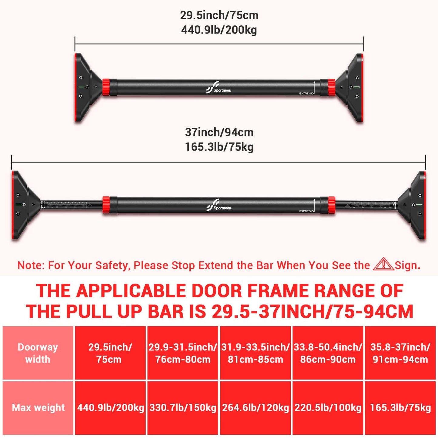 - Sportneer Pull Up Bar | Doorway Chin Up Bar | Adjustable 75-94cm (29.5in-37in) | Up to 200kg Capacity -