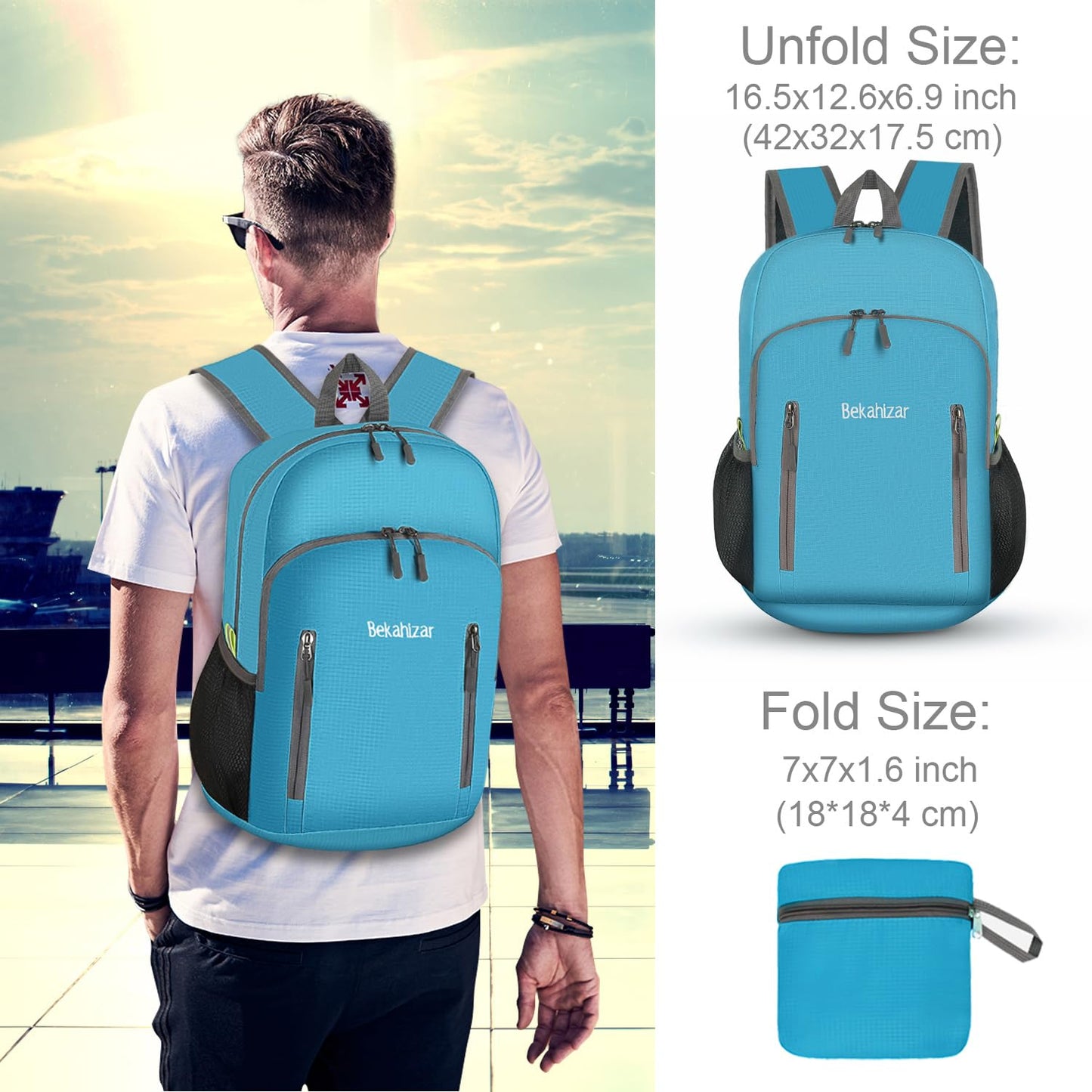 Bekahizar 20L Ultra Lightweight Backpack Foldable Hiking Daypack Rucksack Water Resistant Travel Day Bag for Men Women Kids Outdoor Camping Mountaineering Walking Cycling Climbing (Blue)