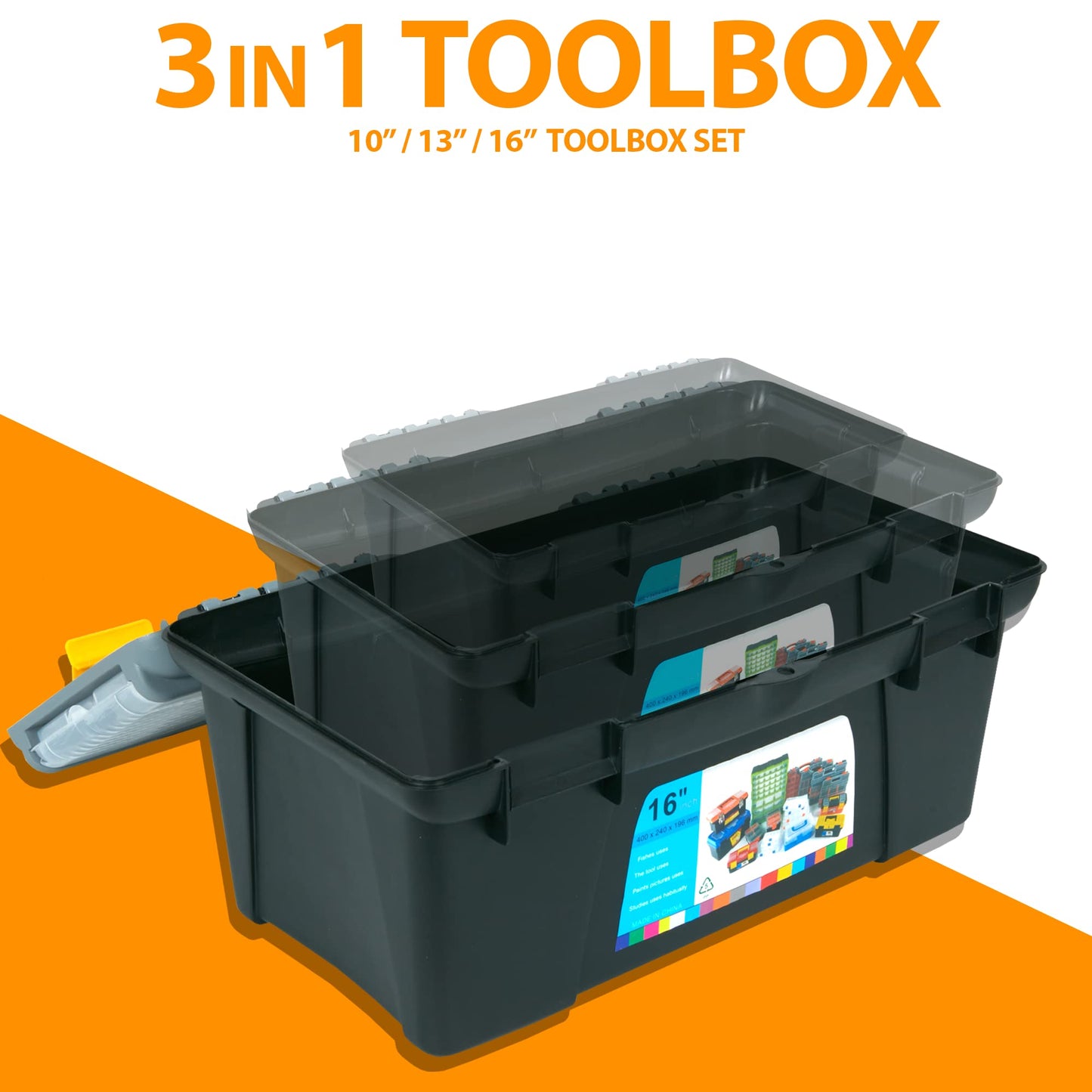 - ZENO 3 Piece Plastic Toolbox Organiser Set