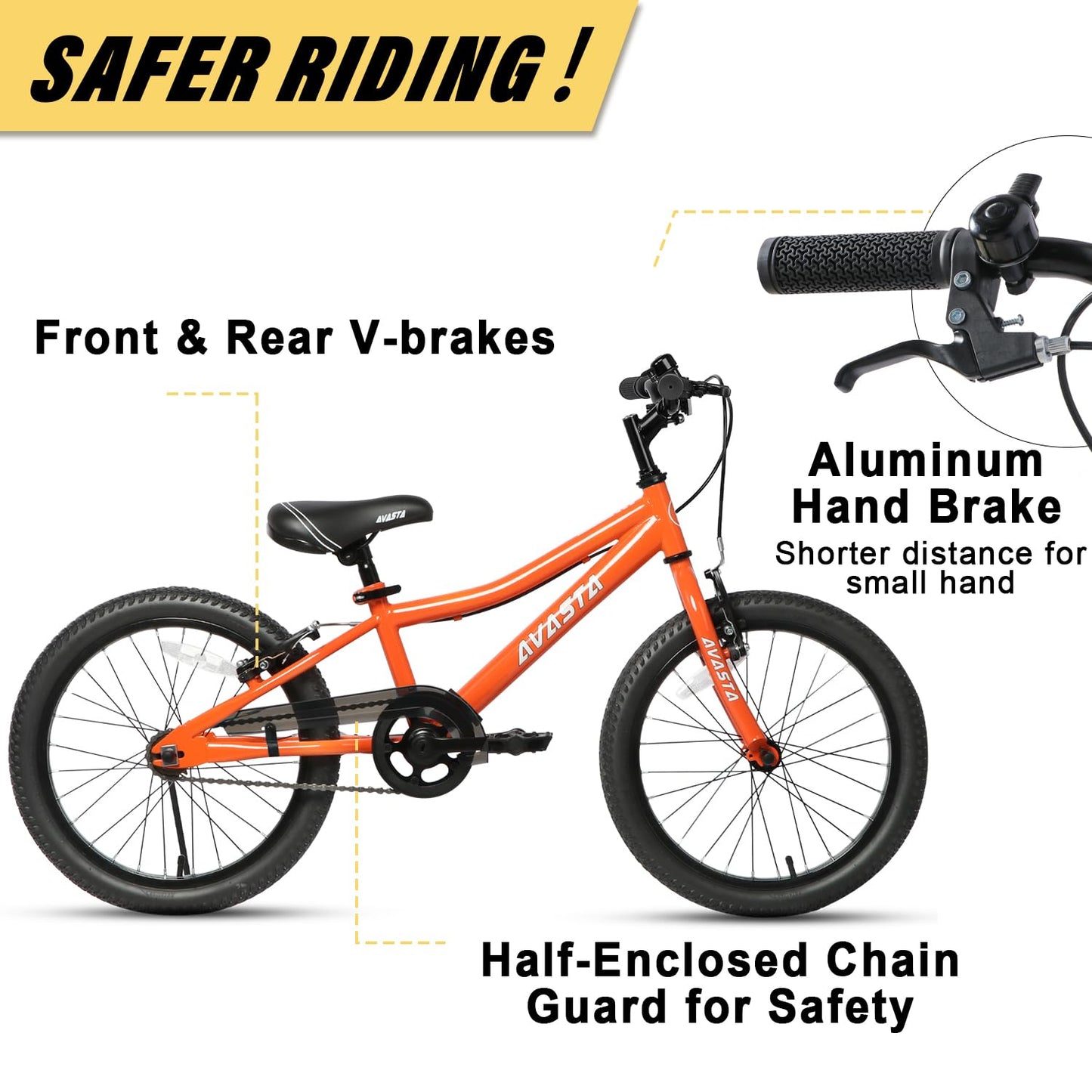 AVASTA 20 inch Kids Bike for 6 7 8 9 10 Years Old Big Kids Boys Girls Teen with Dual Handbrakes & Kickstand and Adjustable Seat,Orange