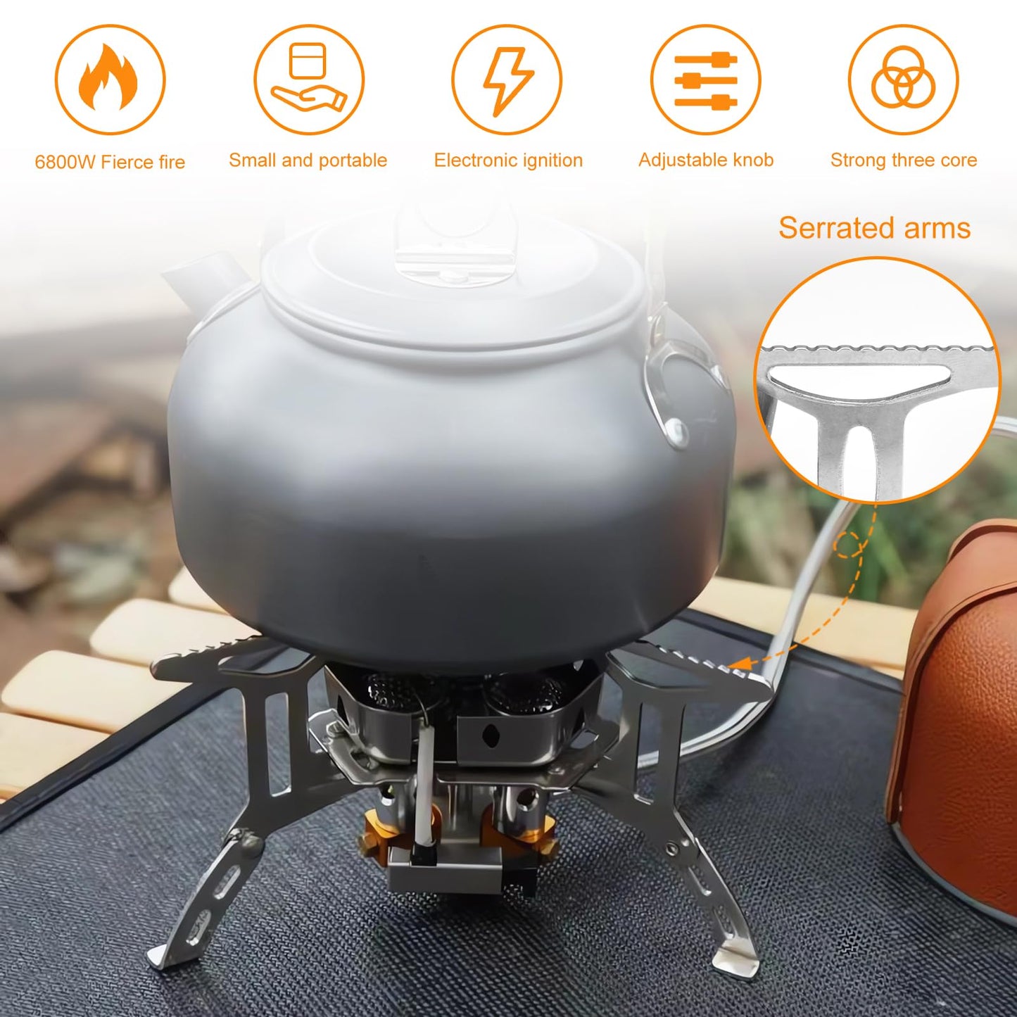 Camping Gas Stove, Portable Camping Stove Outdoor, 6800W Windproof Backpacking Gas Stove with Piezo Ignition, Foldable Camping Gas Burner for BBQ, Hiking, Camping, Trekking, Fishing, Picnic