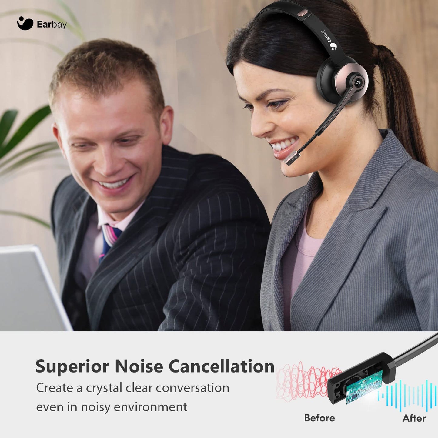 Bluetooth Headset, Wireless Headphones with Microphone Noise Cancelling, On Ear Headphones with Mic Mute, Handsfree PC Headsets for Zoom/Ms Teams/Skype 26H Playtime|Dual Connect|Laptop