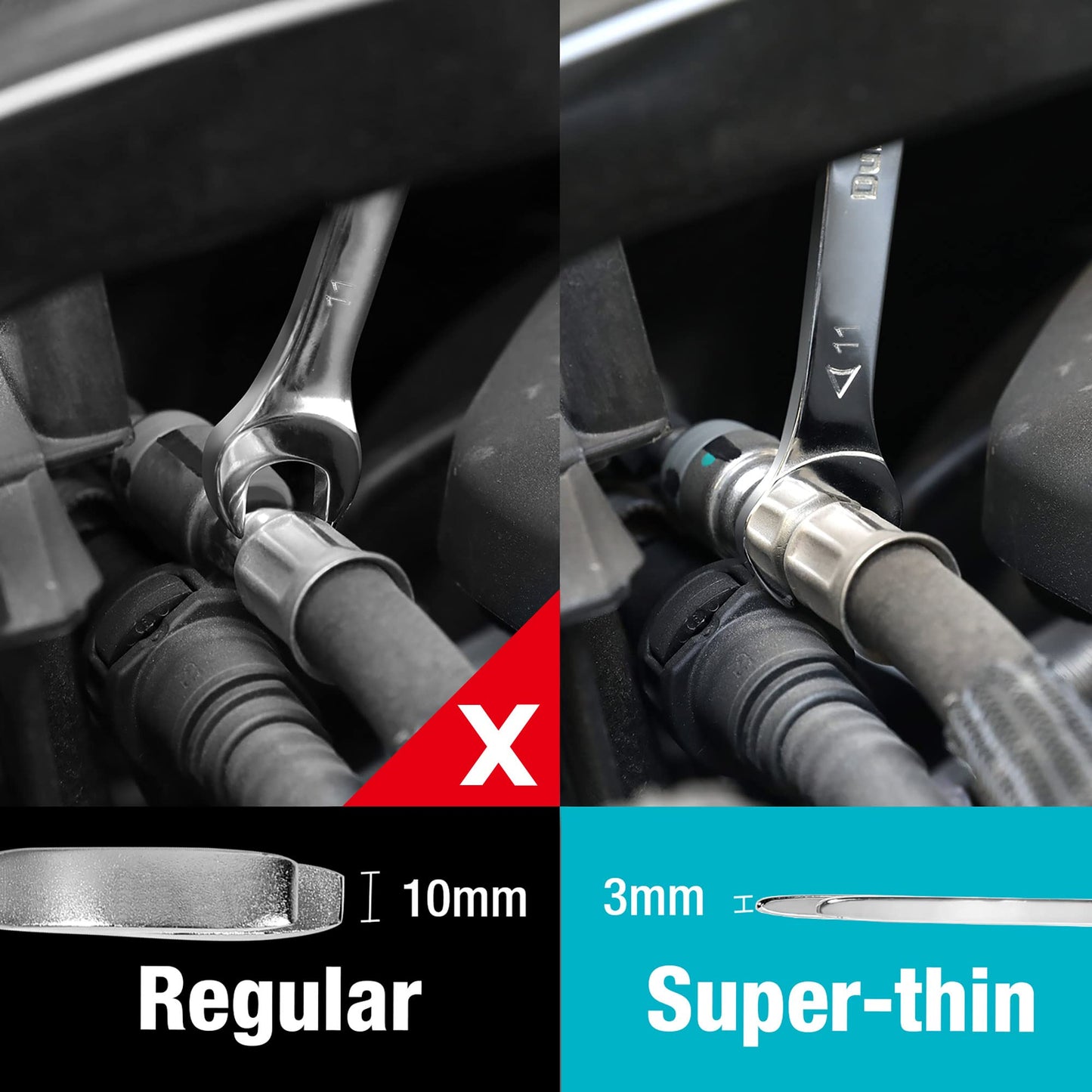 - DURATECH Double Open End Spanner Set | Super-Thin Open Ended Wrench Flat Spanner Set for Narrow Space | Carbon Steel, Mirror-Chrome Plated | 8-Piece | Metric | 5.5 mm-27 mm | Carry Pouch -