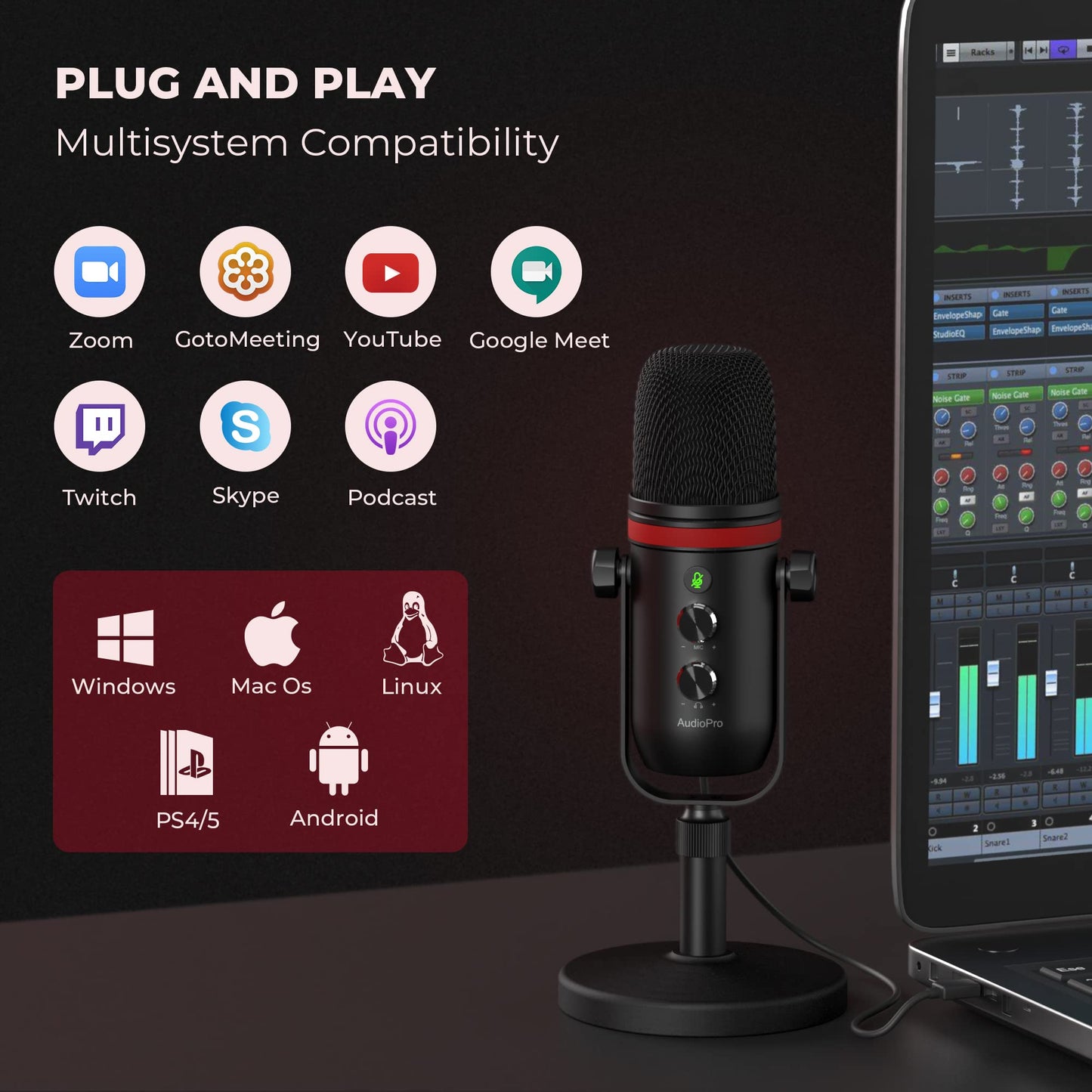 AUDIOPRO USB Microphone - Computer Condenser Gaming Mic for PC/Laptop/Phone/PS4/5, Headphone Output, Volume Control, USB Type C Plug and Play, LED Mute Button, for Streaming, Podcast, Studio Recording