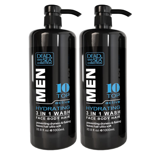 Dead Sea Collection 3 in 1 Mens Shower Gel Top 10 - Body Wash, Shampoo for Men, Face Wash - Pack of 2 (1000 ml. Each)