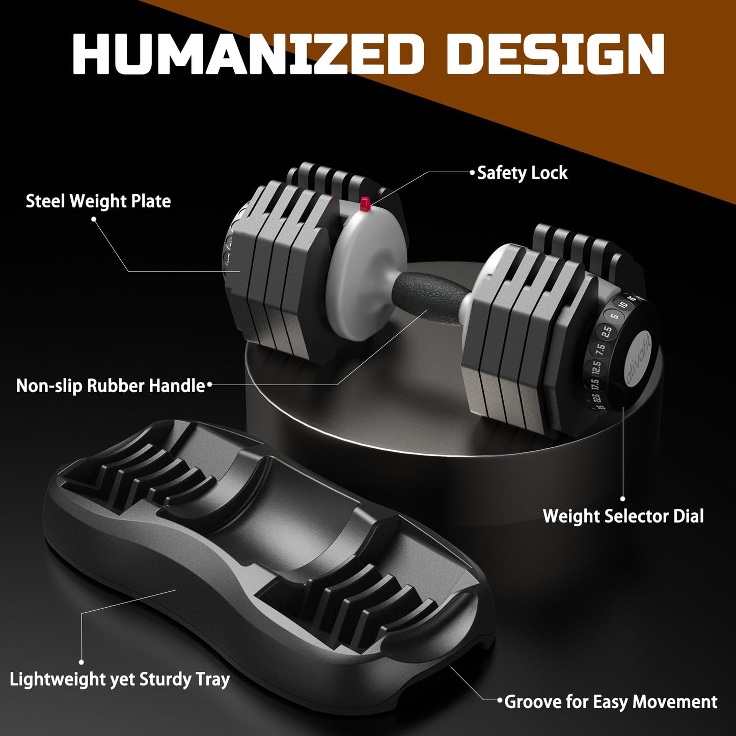 ATIVAFIT Adjustable Dumbbell 25KG Single Smart Hand Weight for Anti-Slip Handle Full Body Strength Training and Weight Lifting Equipment for Home Gym Office Workout