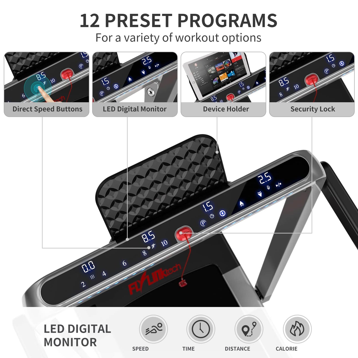 2 in 1 Folding Treadmill, FLYLINKTECH Home Quiet Treadmill with Bluetooth Control, Wide Running Belt, Transport Wheels, 14 km/h, 12 Exercise Modes, LCD Display (Two-year warranty)