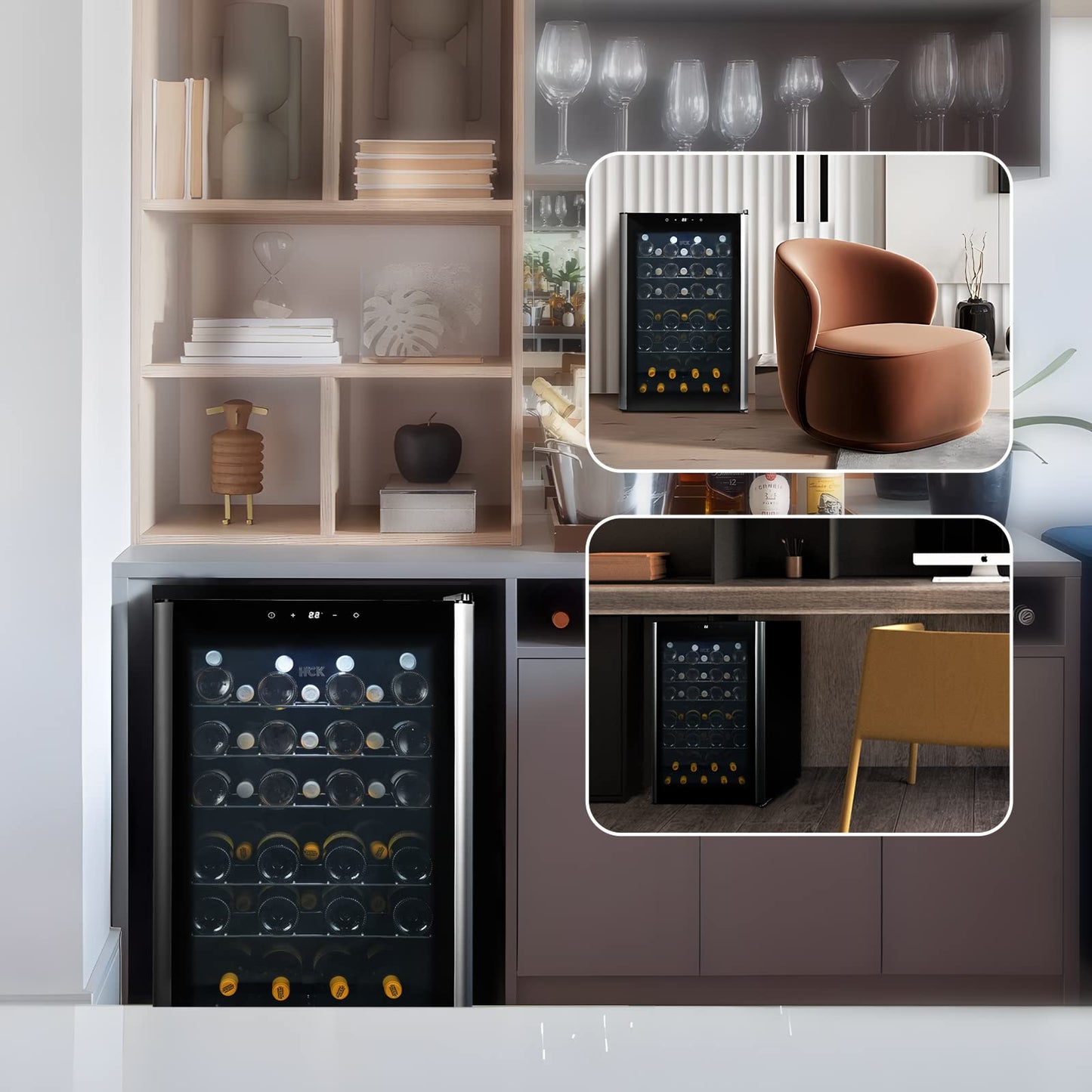 - HCK 115L Wine Cooler with Glass Door 48 Bottles | Freestanding Undercounter Fridge | Quiet Wine Fridges Beer Drinks Cabinet | 4-22°C Temperature Control with Digital Touch Screen -