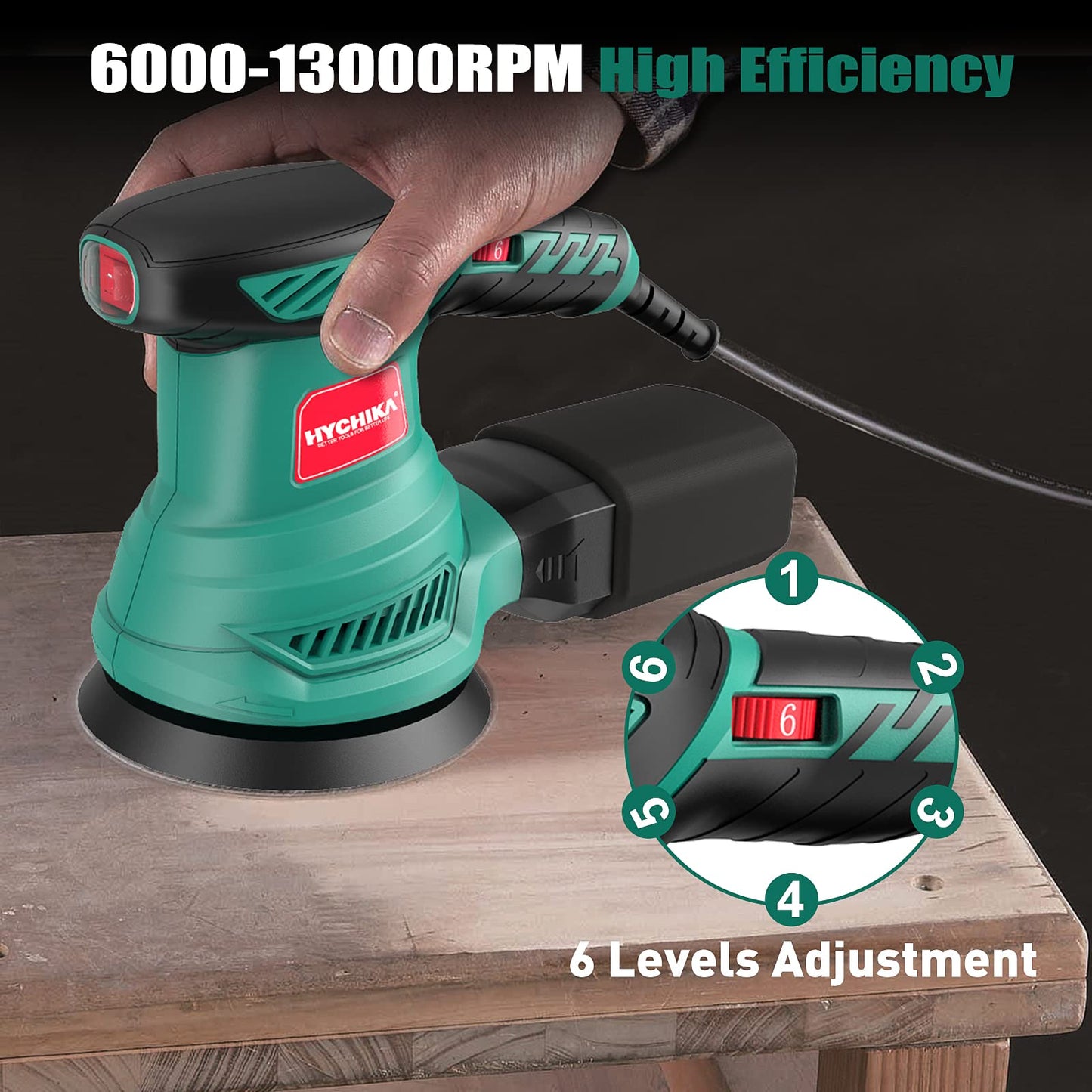- HYCHIKA Orbital Sander | 300W 13000RPM Random Orbital Sander | 6 Variable Speeds | 125mm 12Pcs Sandpapers | Electric Sander with Dust Collection -