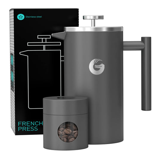 Coffee Gator Cafetiere - 1 Litre French Press Coffee Maker - Large Capacity, Double-Wall Insulated Stainless Steel Brewer - Hotter for Longer – Grey