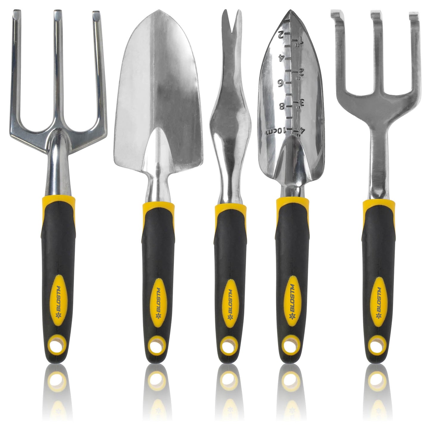 BLOSTM Gardening Tools Set 5 PCS - Heavy Duty Garden Tools for Gardening with Ergonomic Handles, Anti-Rust Garden Trowel and Fork Set, Weeder Tool, Transplanter Trowel, Hand Rake Garden Hand Tools