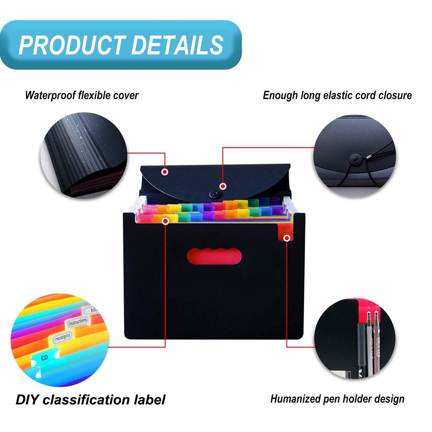 - File Organiser | A4 Document Organiser 24 Pockets | Twill Expanding Accordion Filing Folders | File Storage Box with Lid | Labels and Clips (Black-C) -