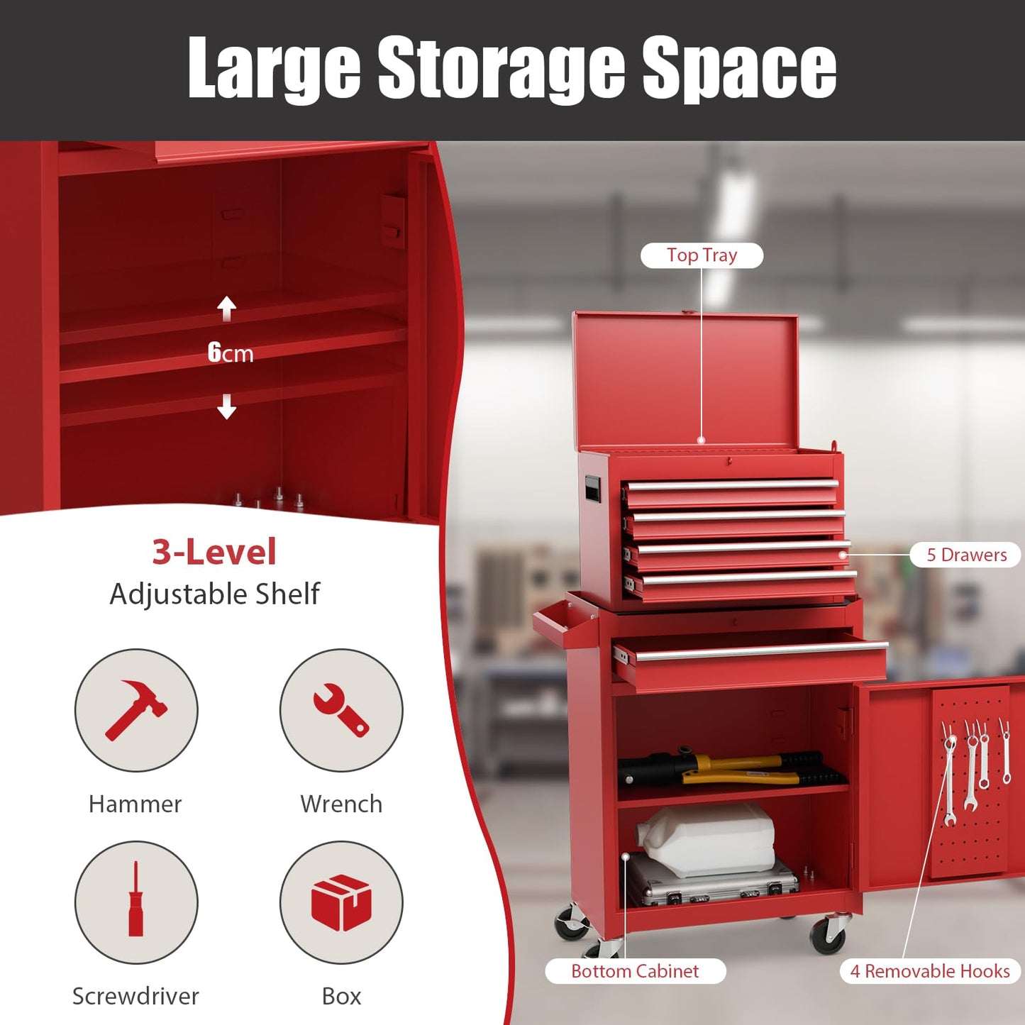 COSTWAY Large Rolling Tool Cabinet, 2-in-1 Detachable Metal Tool Chest with Drawers, Wheel, Handle, Hooks & Pegboard, Lockable Tool Box Trolley for Garage Workshop (with Adjustable Shelf, Red)