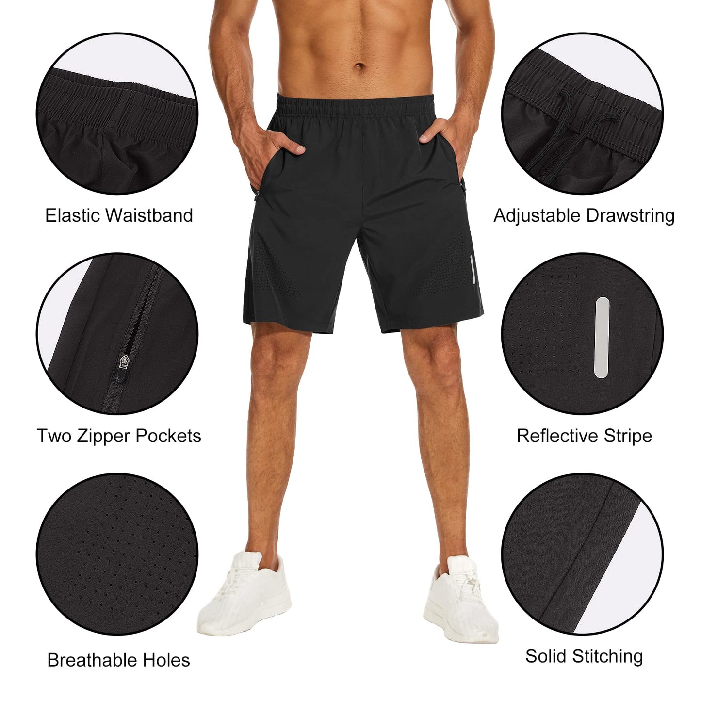 - YUTYTH Mens Gym Running Shorts Breathable Quick Dry 7" Gym Athletic Shorts with Zipper Pockets and Reflective Strip Black
