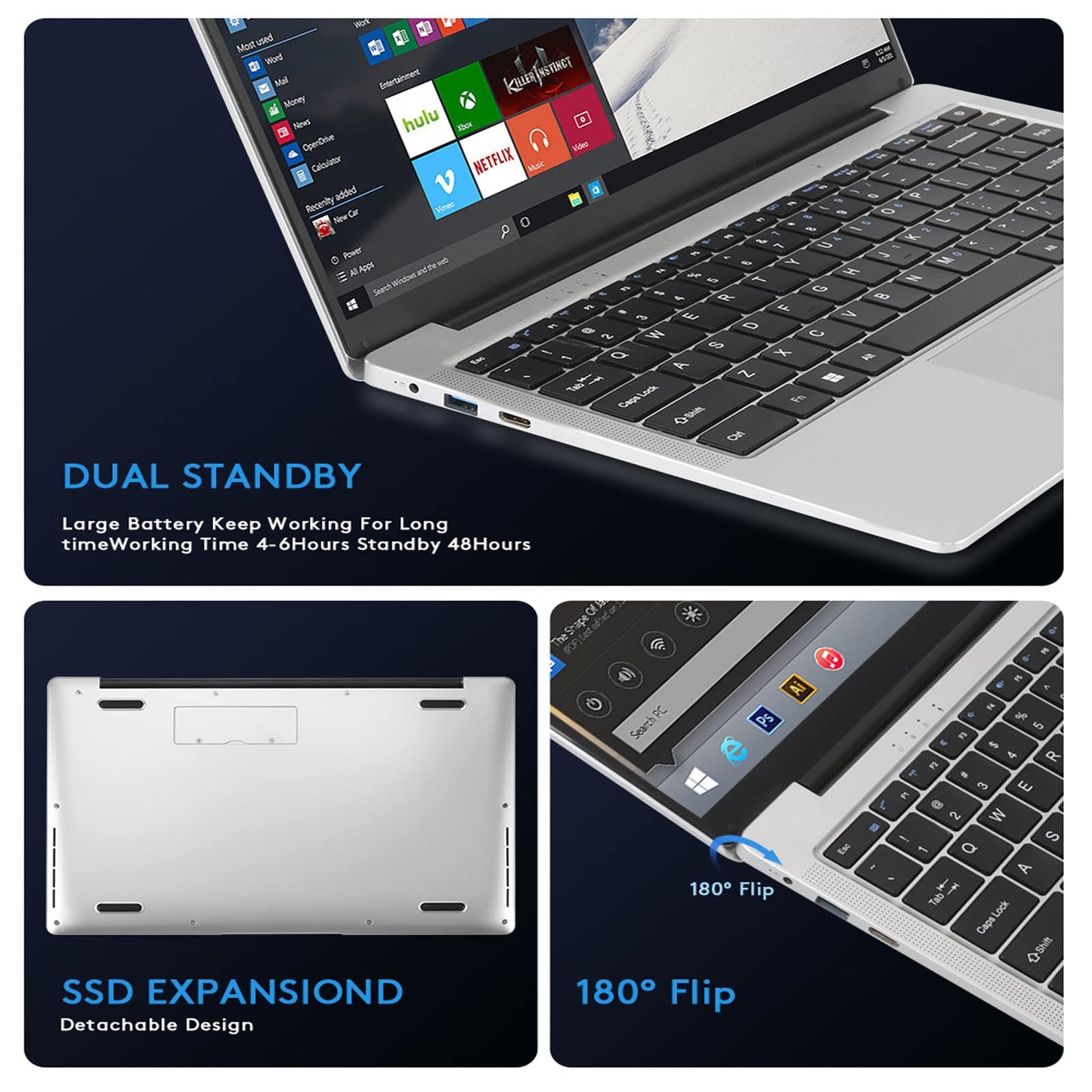 Auusda Laptop 14.1 inch Windows 11 Notebook, Full HD 1920 * 1080 IPS 100% sRGB Display, Intel J4105 Quad-Core, 8GB LPDDR4 and 256GB SSD, USB 3.0, 5GHz WIFI, Expandable Storage