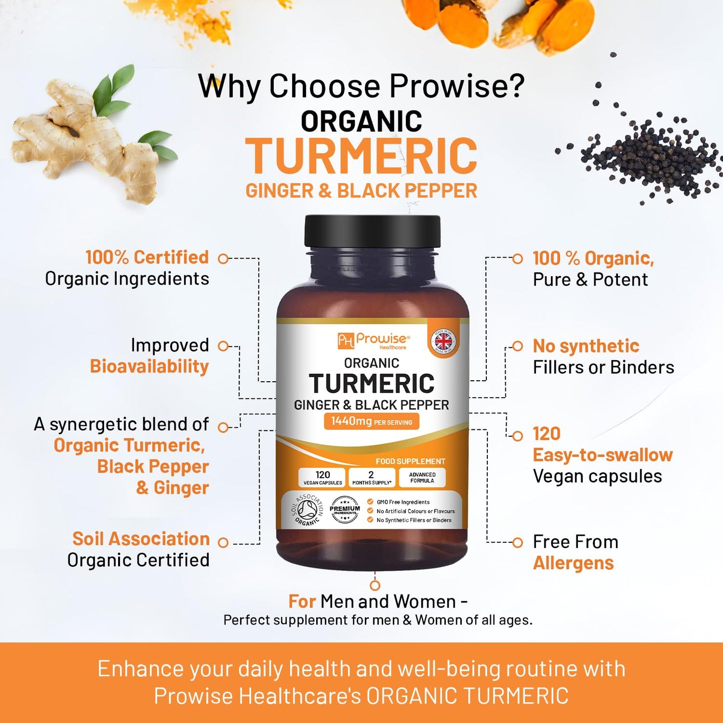 - Organic Turmeric Capsules High Strength 1440mg | 120 Capsules with Black Pepper, Ginger & Active Ingredient Curcumin -