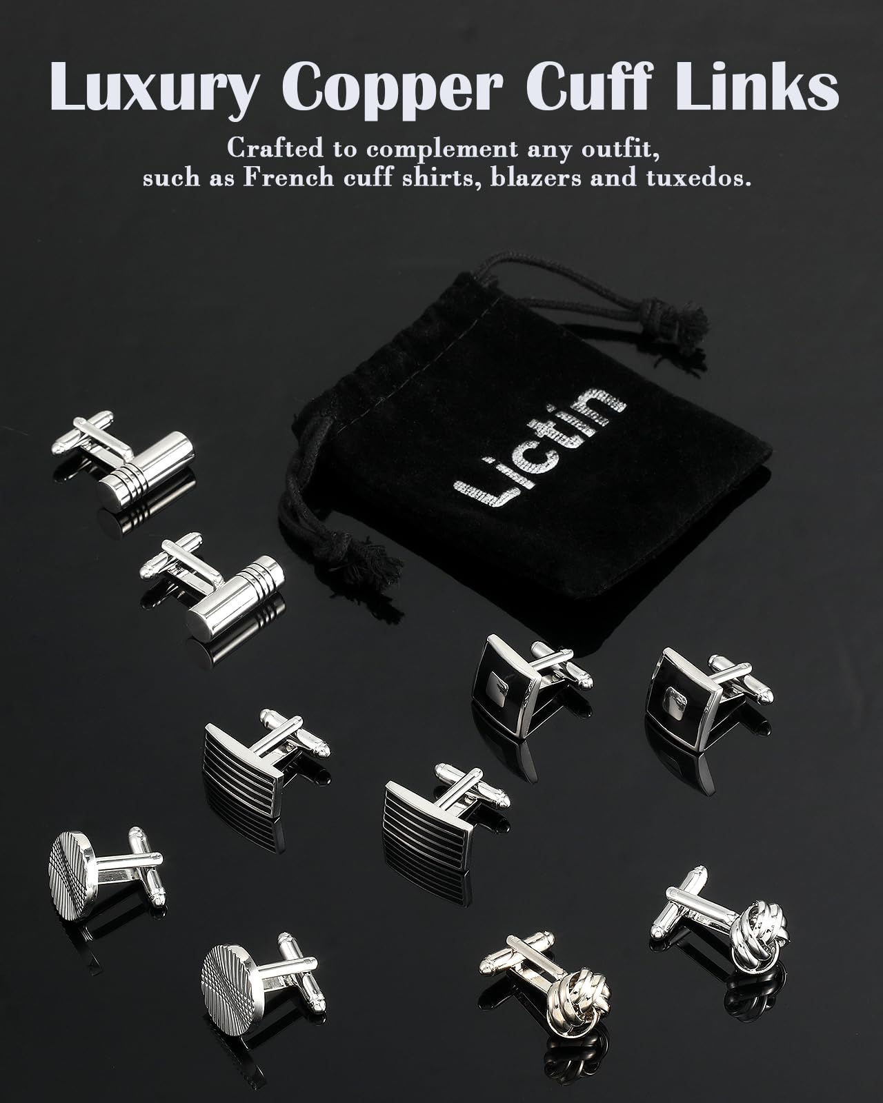 - Lictin Men's Cufflinks Cuff Links for Men | 5 Pairs Stainless Steel Classic Tone Cufflinks -