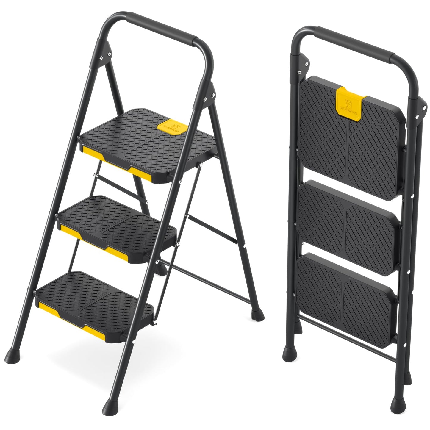 - KINGRACK 3 Step Ladder | 3 Step Folding With Anti-Slip Wide Pedal and Handrails -