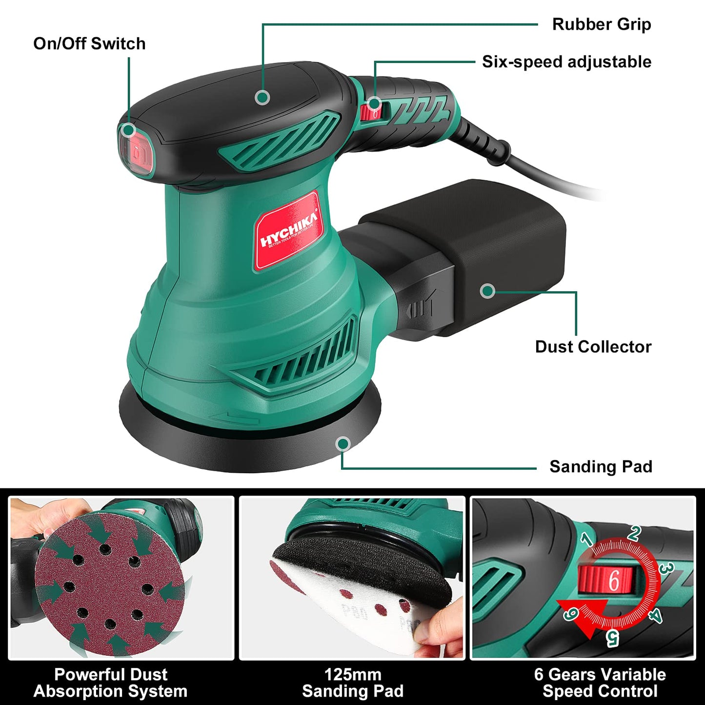 - HYCHIKA Orbital Sander | 300W 13000RPM Random Orbital Sander | 6 Variable Speeds | 125mm 12Pcs Sandpapers | Electric Sander with Dust Collection -